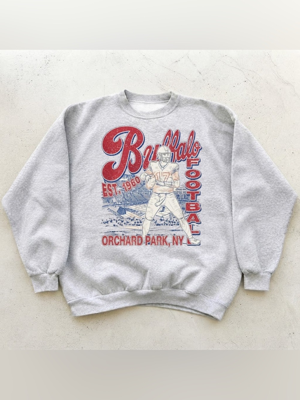 Vintage Gray Crewneck Sweatshirt with Red & Blue Buffalo Football Graphic
